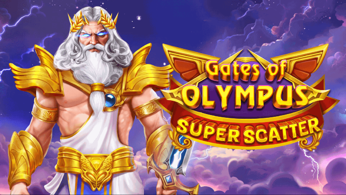 Zeus im goldenen Rüstungsdekor über dem 6x5-Walzenfeld von Gates of Olympus Super Scatter, umgeben von violetten Kristallsymbolen und dem Scatter-Zeichen